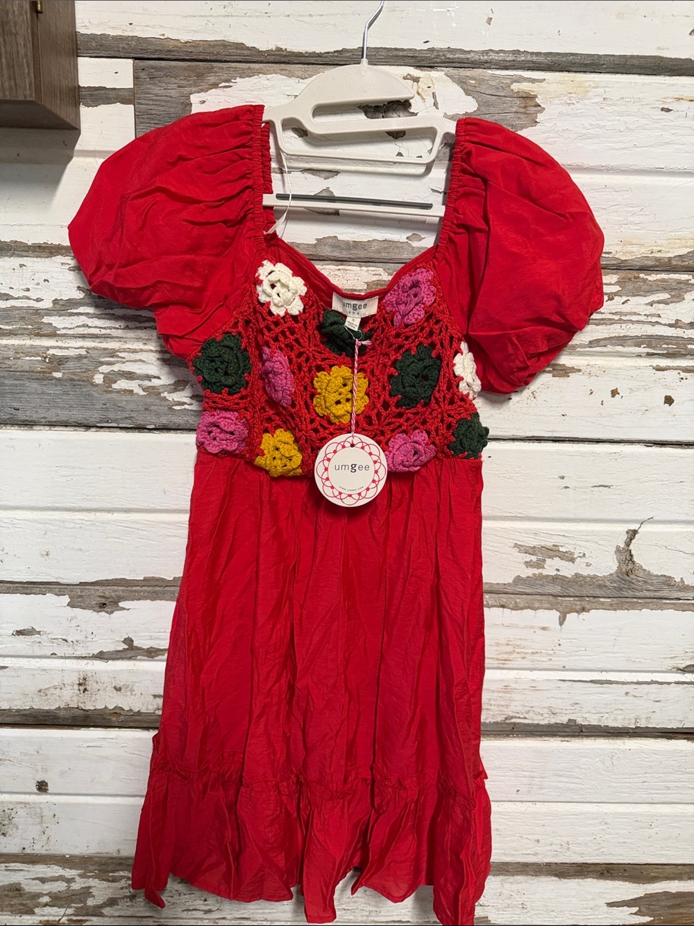 Umgee Red Crochet Floral Puff Sleeve Mini Dress